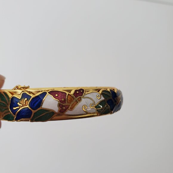 Vintage Elegant Floral Cloisonne Gold Bracelet Lotus Flowers Butterfly Oriental - Picture 9 of 9